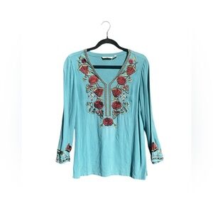 Soft Surroundings Women’s XS Teal Blue Embroidered Rayon Top Boho Feminine